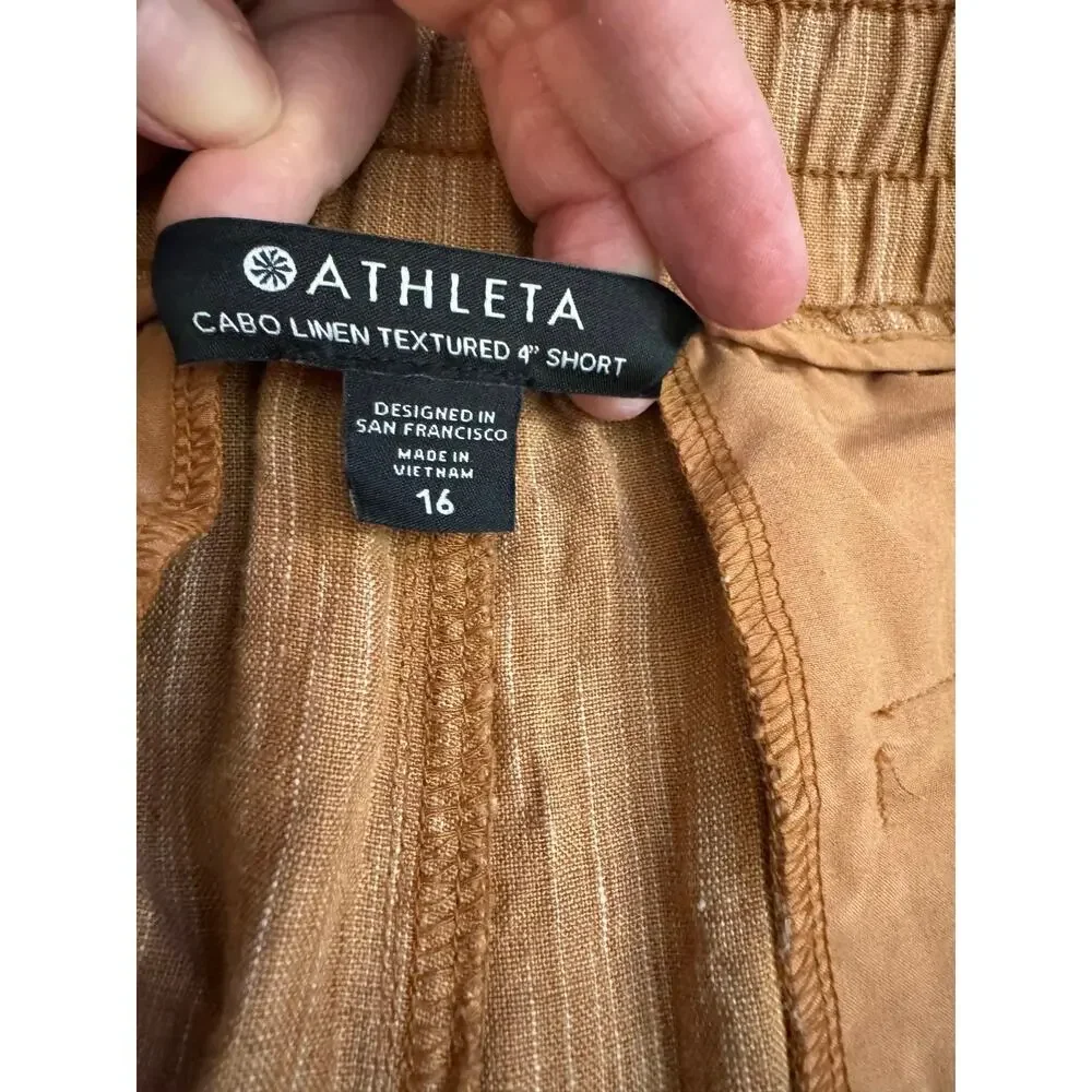 Athleta New Cabo Linen Textured 4" Shorts Drawstring Light Brown Size 16 - Picture 3 of 9